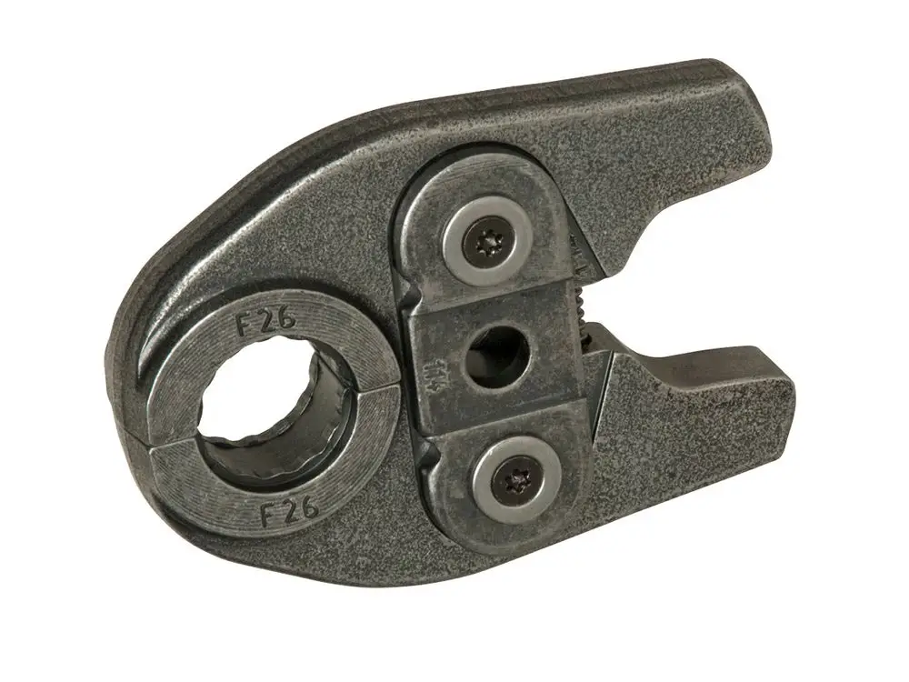 Pressbacke aus Metall mit zwei Aussparungen und Schrauben, geeignet für Presswerkzeuge. Marke Fränkische, für präzise Verbindungen in Rohrleitungsinstallationen.
